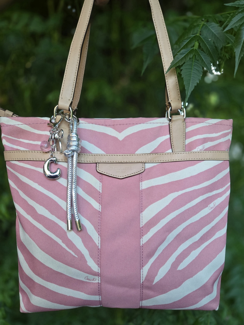 COACH Vintage Pink And Cream Zebra Print Canvas Tote with Beige Leather Trim